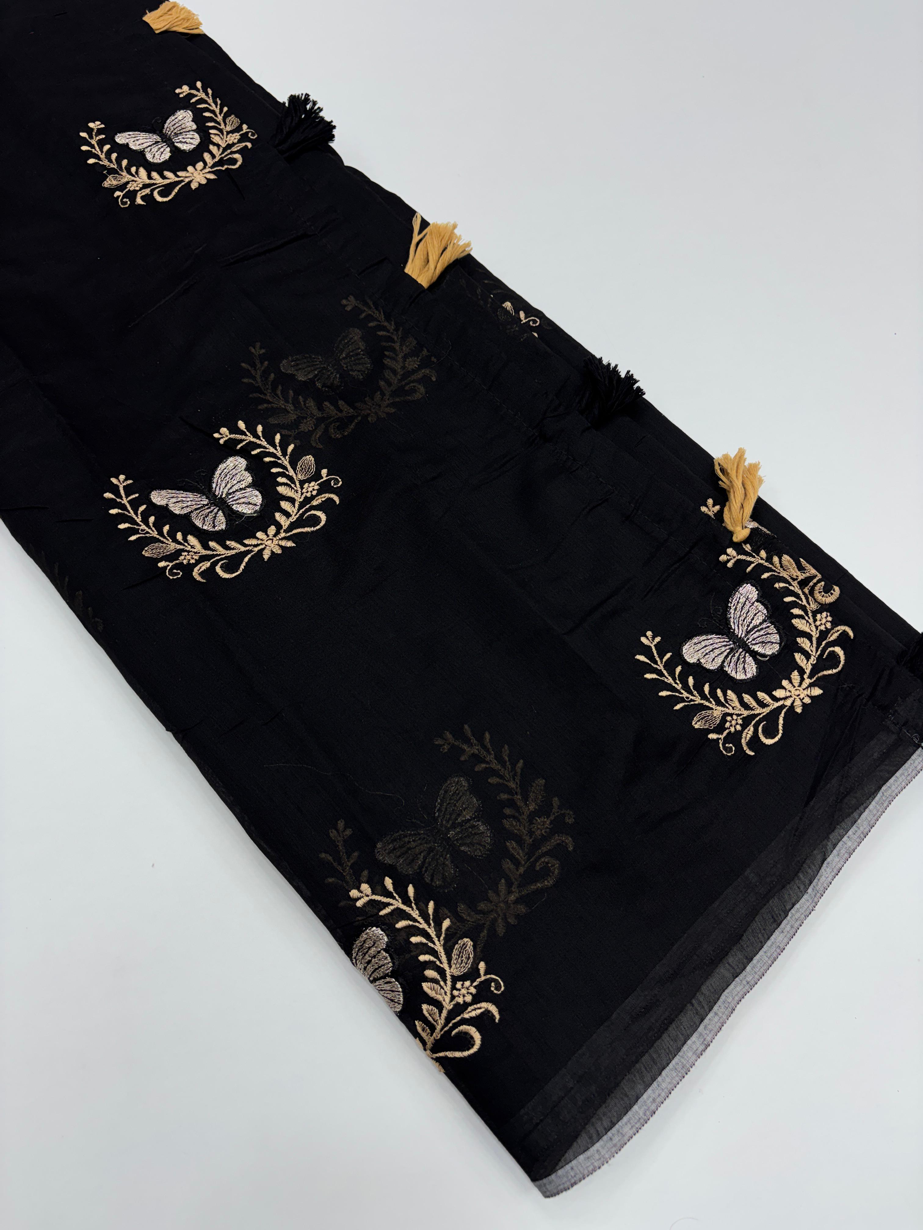 Divine Function Wear Soft Chanderi Cotton Silk Butterfly Design Embroidery n Tussels Work Fancy Saree