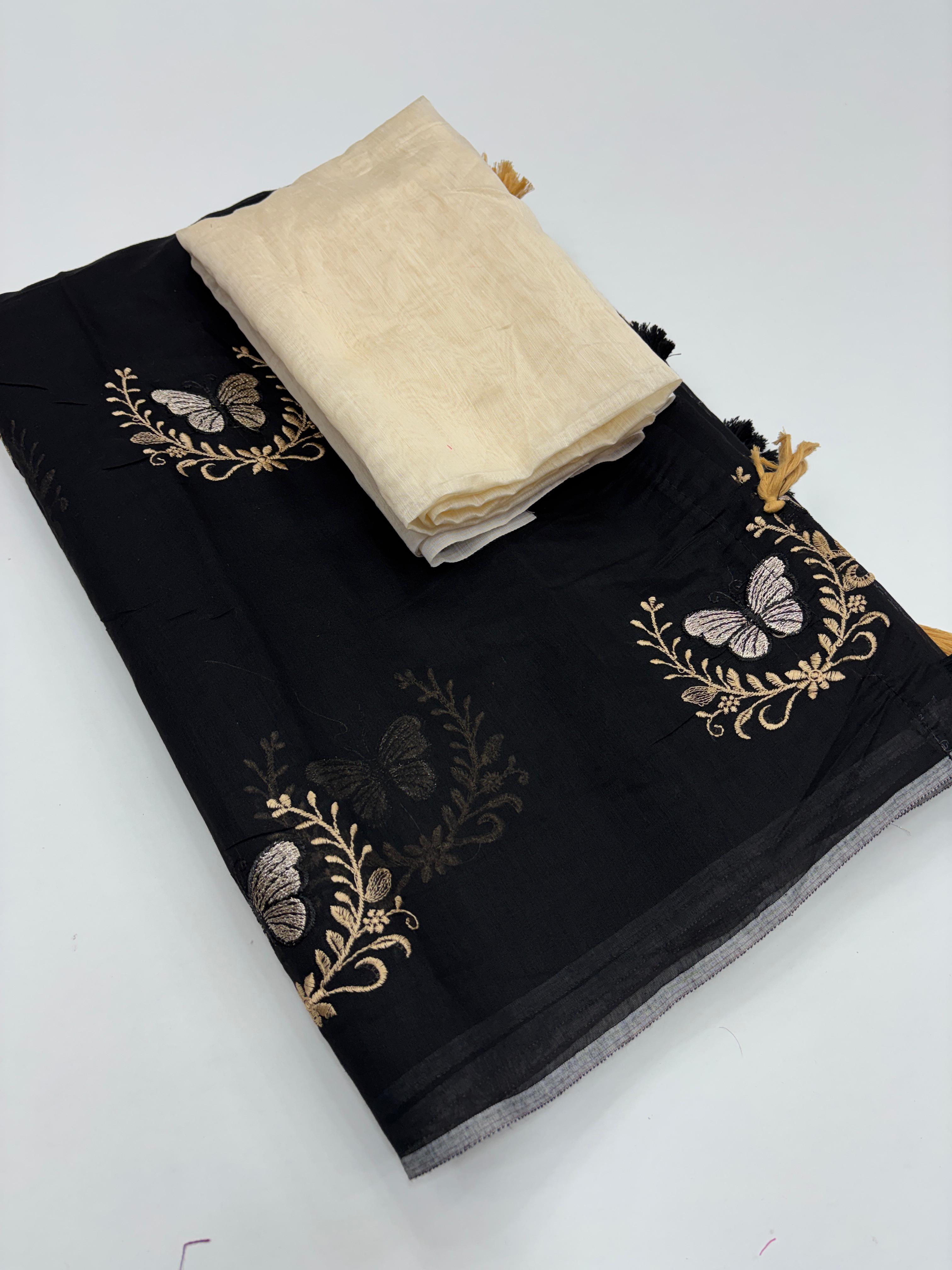 Divine Function Wear Soft Chanderi Cotton Silk Butterfly Design Embroidery n Tussels Work Fancy Saree
