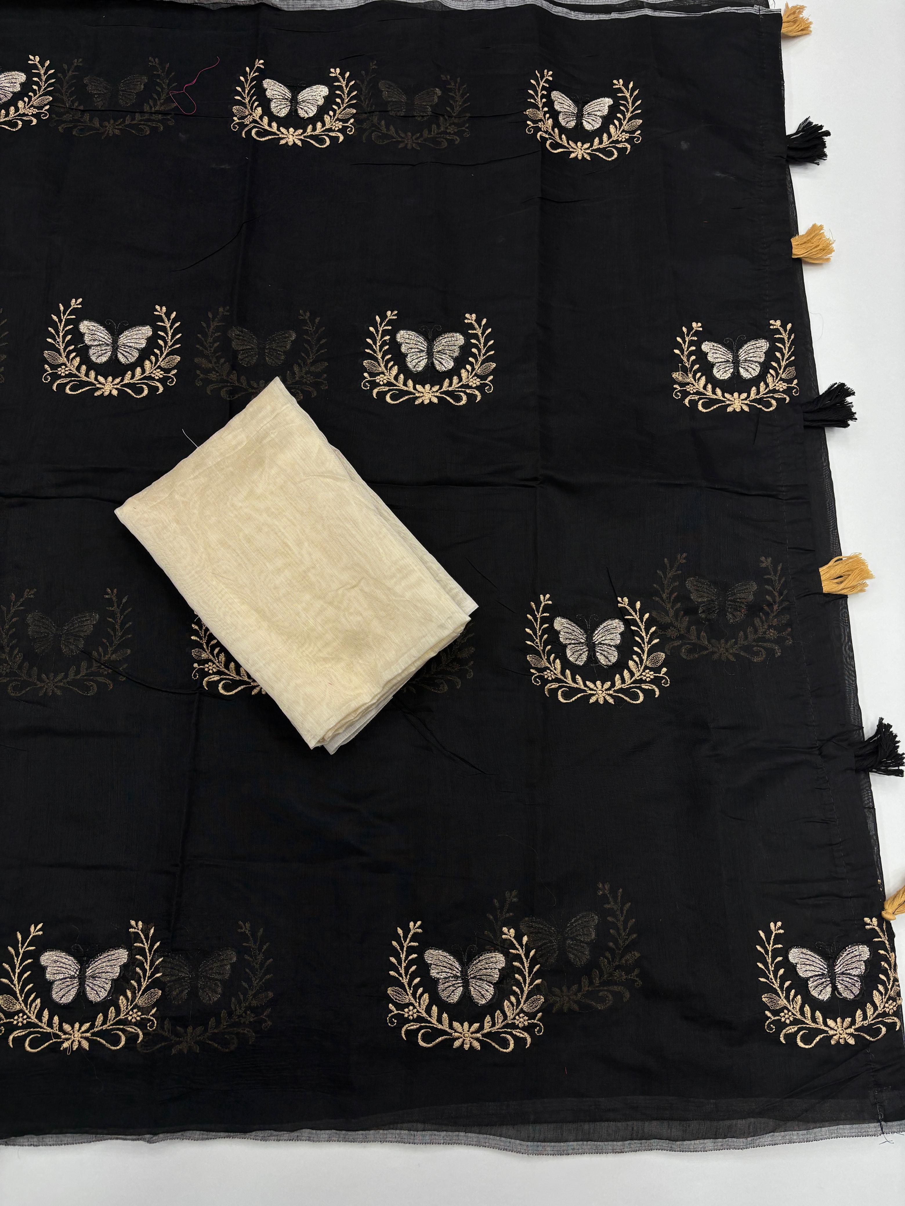 Divine Function Wear Soft Chanderi Cotton Silk Butterfly Design Embroidery n Tussels Work Fancy Saree
