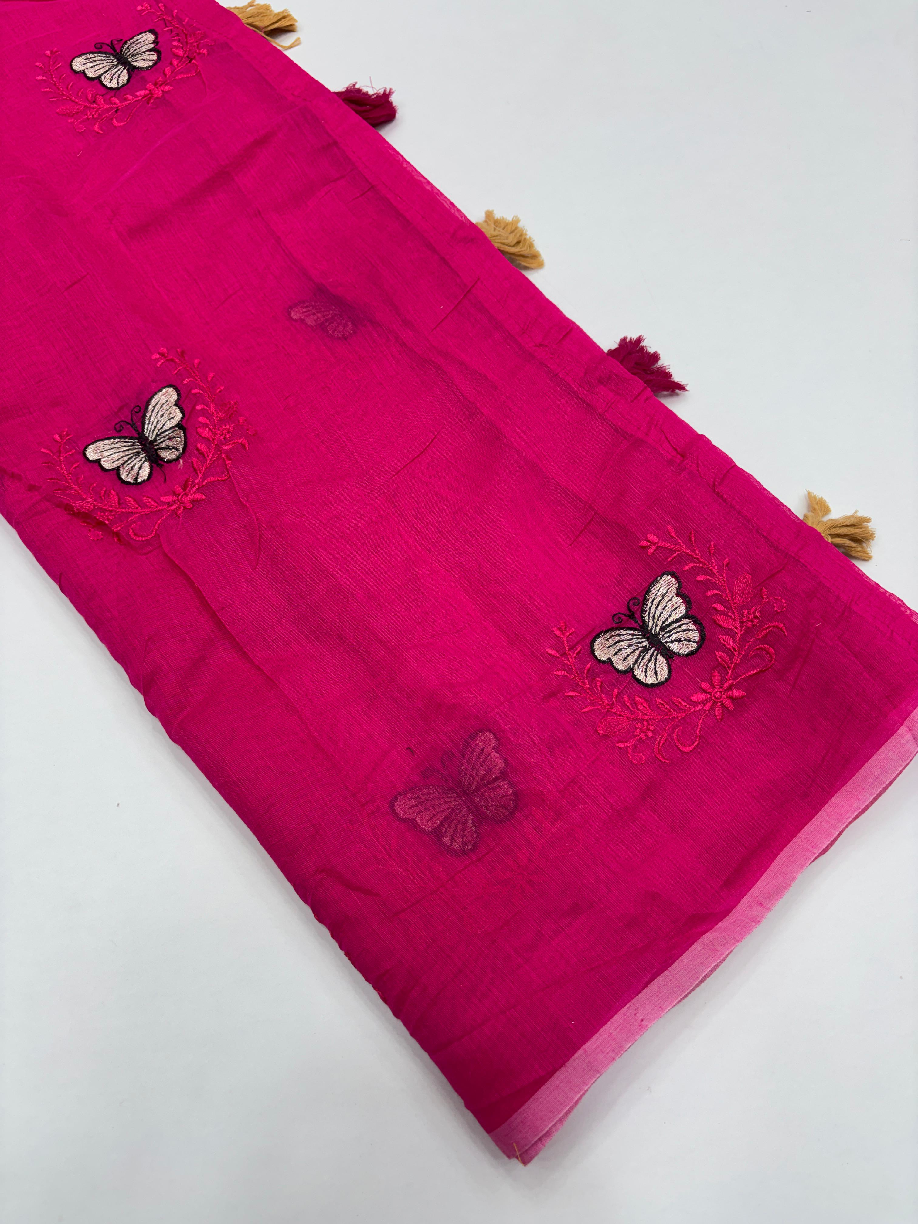 Divine Function Wear Soft Chanderi Cotton Silk Butterfly Design Embroidery n Tussels Work Fancy Saree