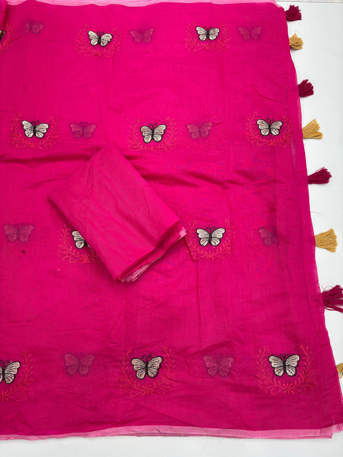 Divine Function Wear Soft Chanderi Cotton Silk Butterfly Design Embroidery n Tussels Work Fancy Saree