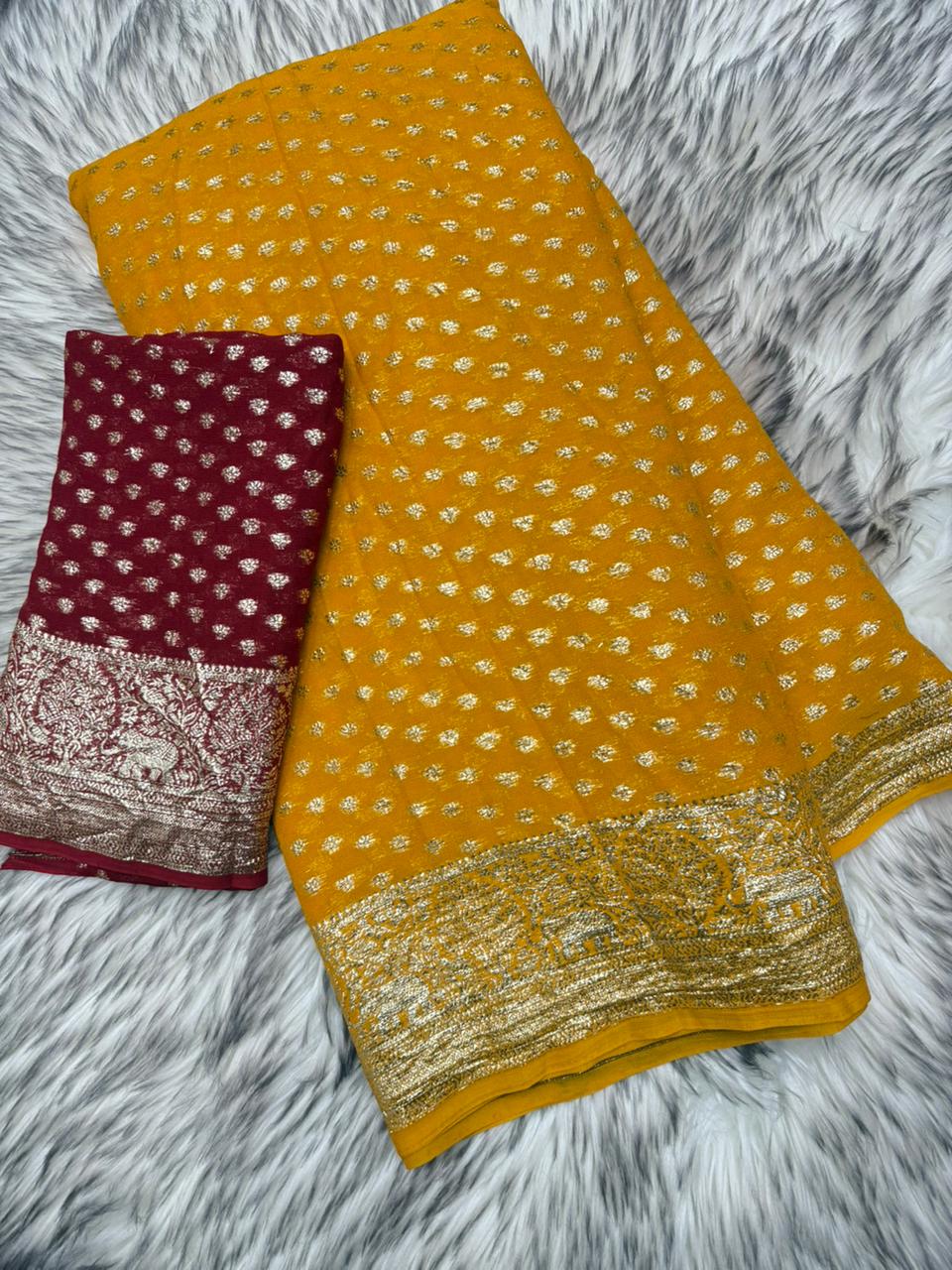 New Wedding Wear Viscose Georgette Jacquard Zari Work Fancy Designer Saree