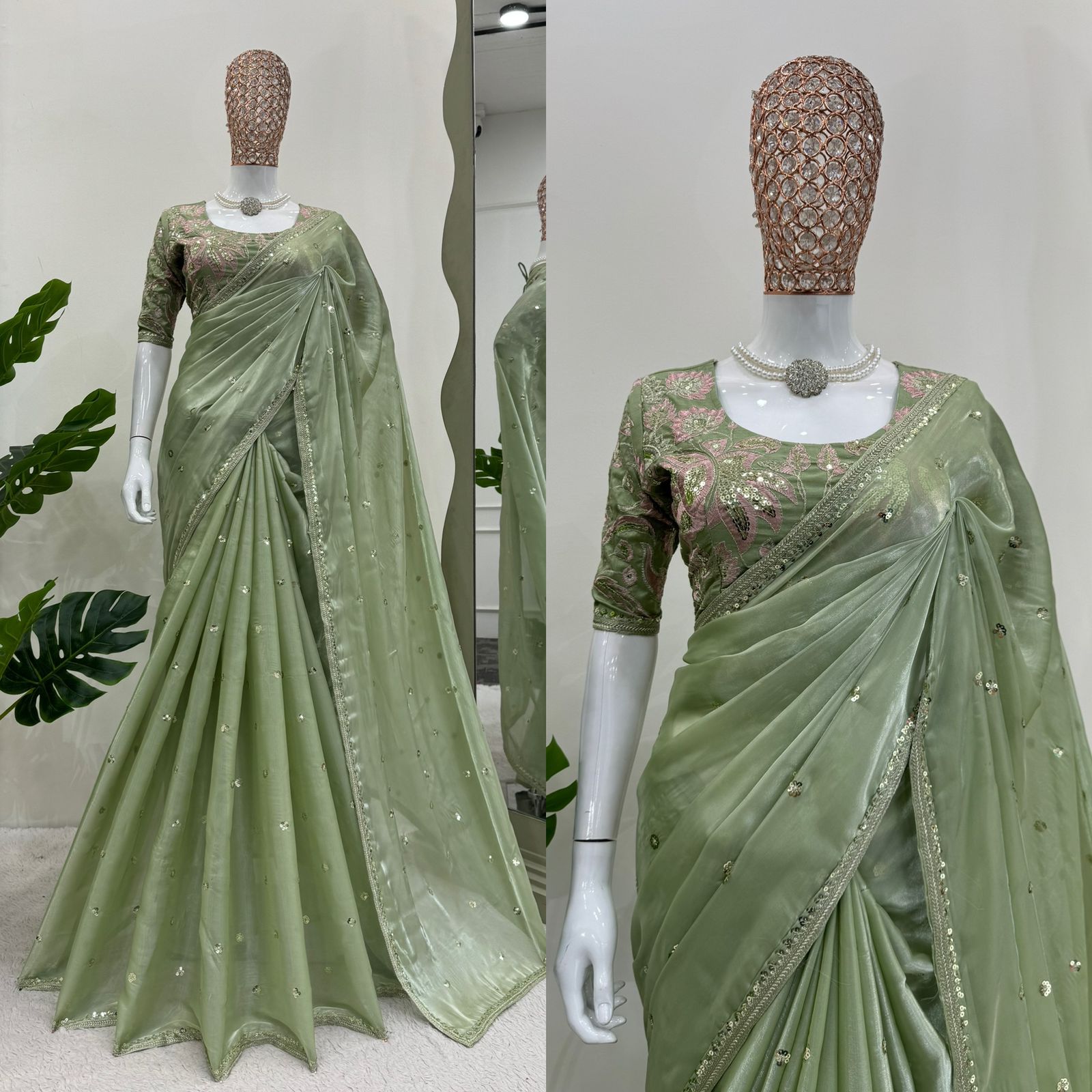 New Partywear Silk Fabric Sequence n Embroidered Fancy Designer Saree With Unstitched Blouse