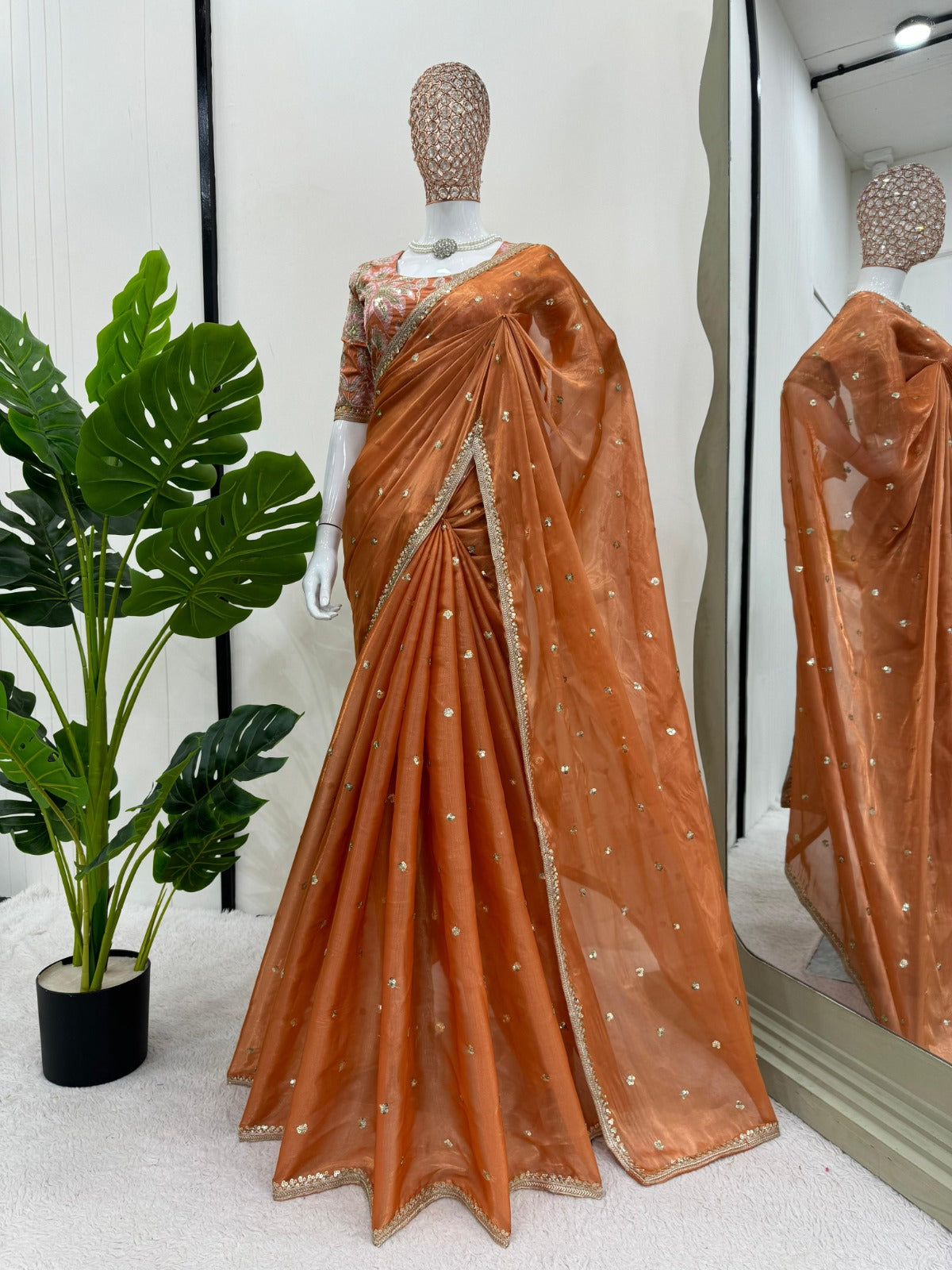 New Partywear Silk Fabric Sequence n Embroidered Fancy Designer Saree With Unstitched Blouse