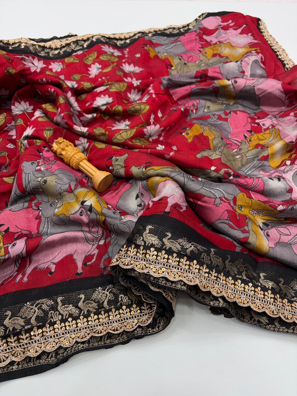 New Wedding Wear Pure Mangalkari Viscouse Silk Print Weaving n Sequence Lace Work Fancy Designer Saree