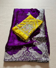 Load image into Gallery viewer, Alverina Party Wear Crunchy Chiffon Silk Embroidery n Scalloped Cut Work Fancy Designer Saree With Contrast Blouse Piece
