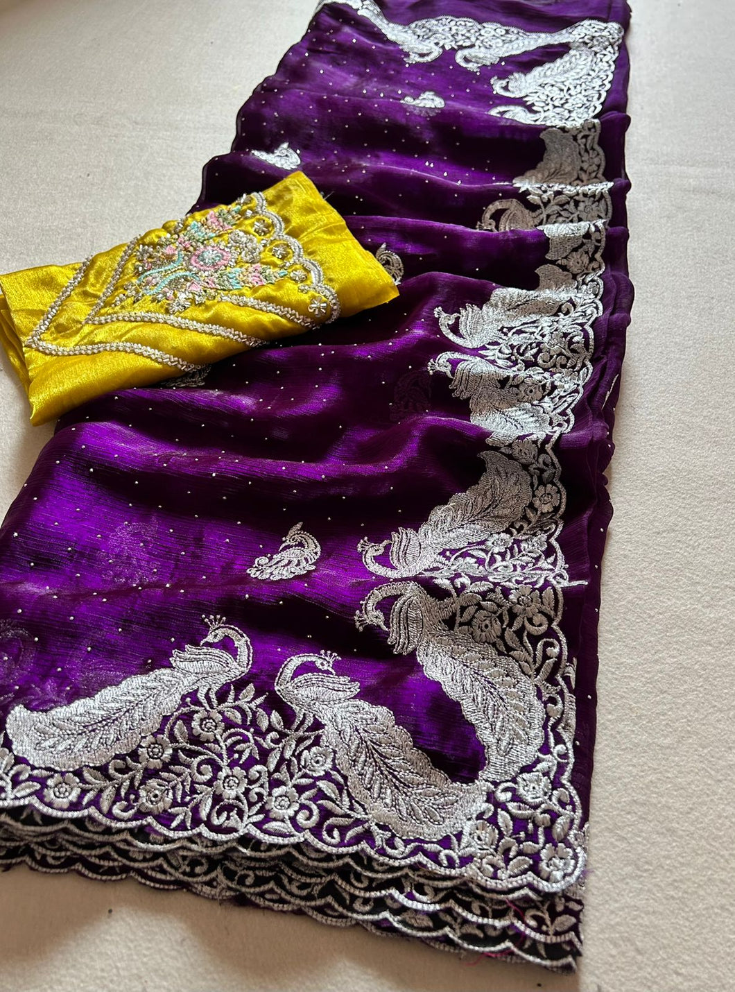 Alverina Party Wear Crunchy Chiffon Silk Embroidery n Scalloped Cut Work Fancy Designer Saree With Contrast Blouse Piece