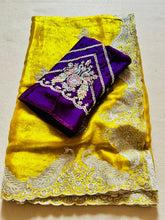 Load image into Gallery viewer, Alverina Party Wear Crunchy Chiffon Silk Embroidery n Scalloped Cut Work Fancy Designer Saree With Contrast Blouse Piece
