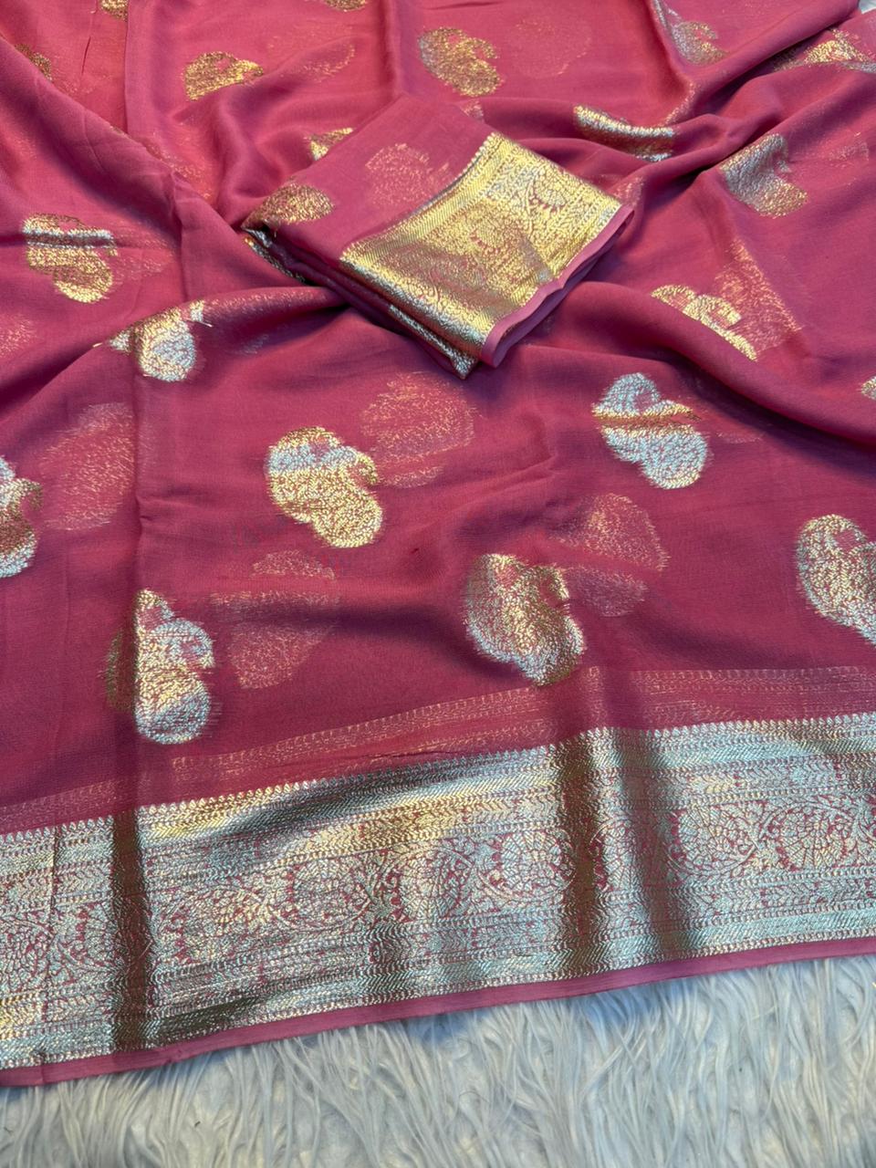 New Festival Wear Viscose Georgette Jacquard Weaving Work Fancy Designer Saree With Blouse