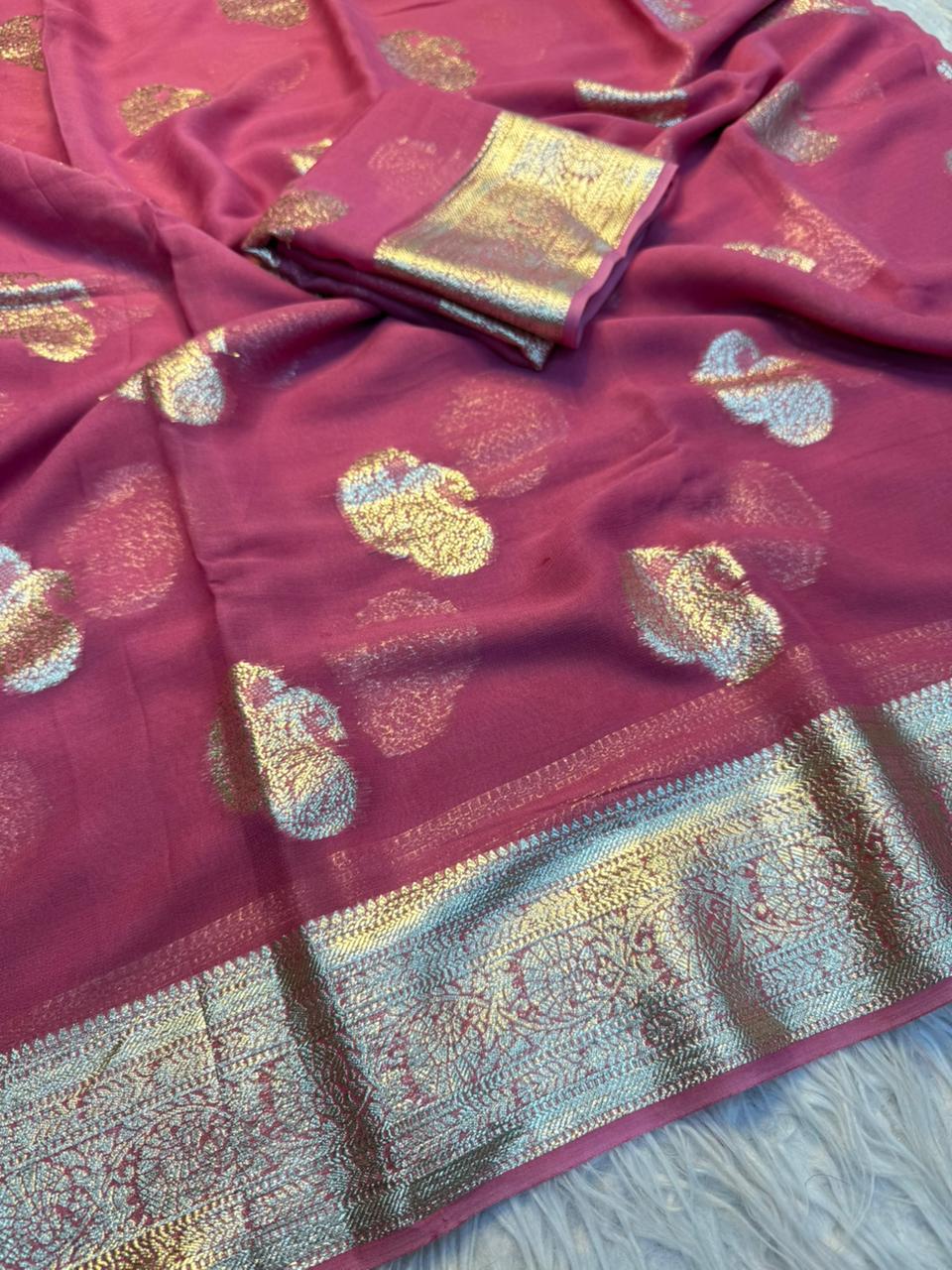 New Festival Wear Viscose Georgette Jacquard Weaving Work Fancy Designer Saree With Blouse
