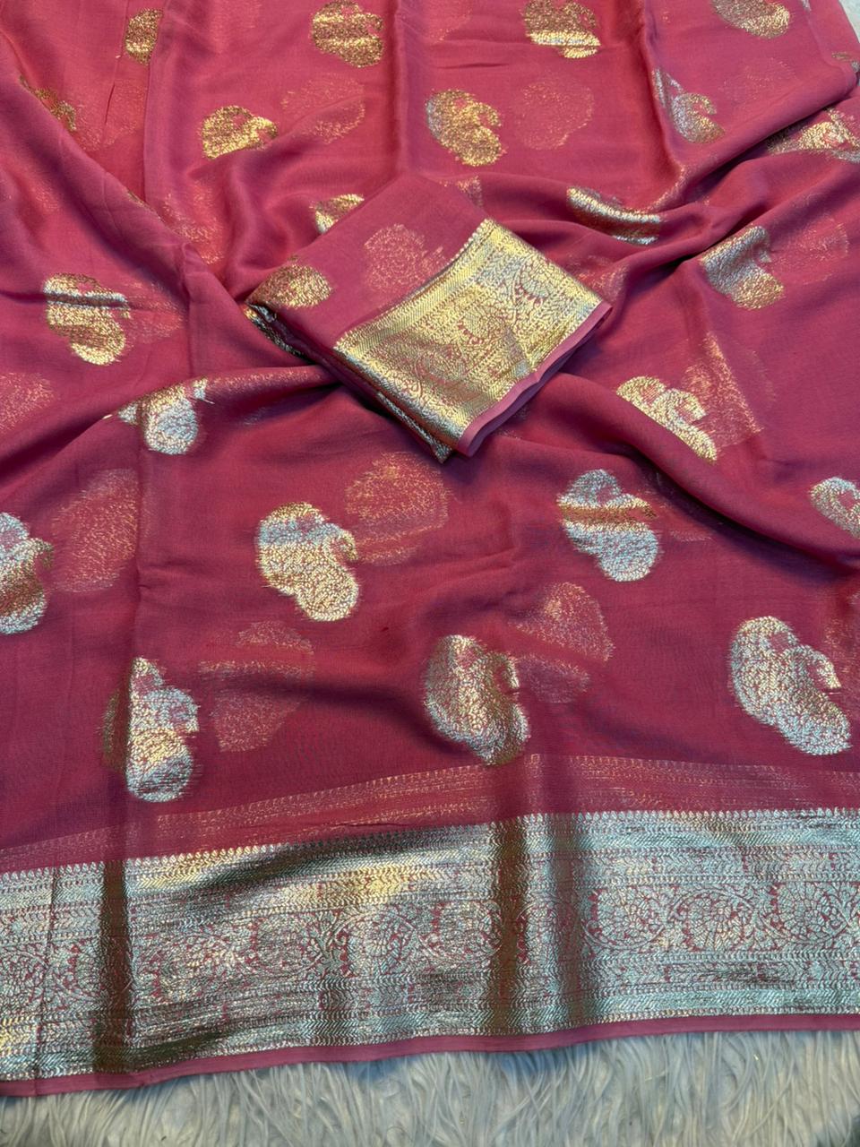 New Festival Wear Viscose Georgette Jacquard Weaving Work Fancy Designer Saree With Blouse