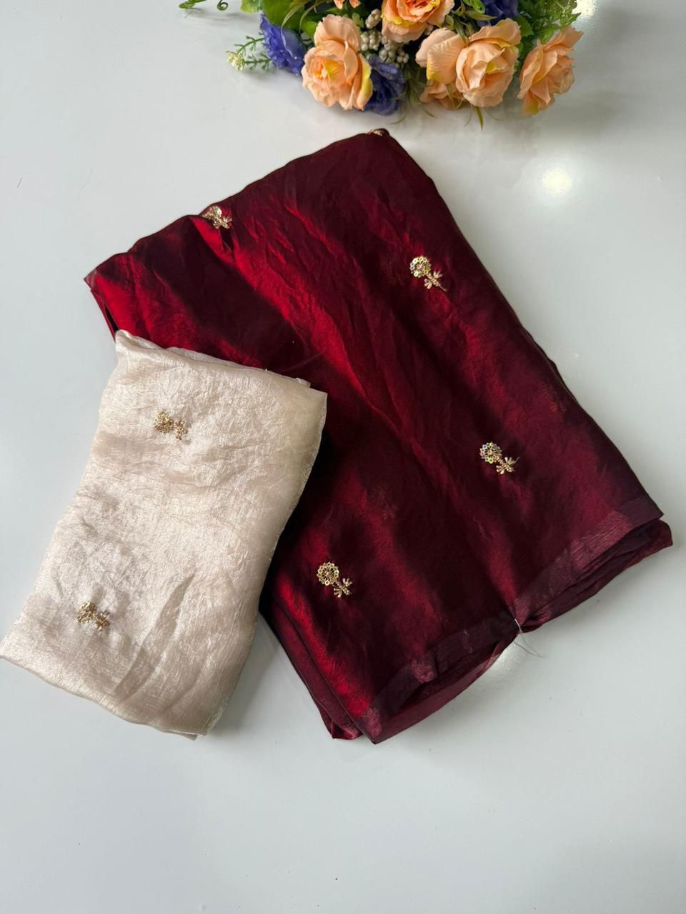 New Partywear Space Silk Fabric Sequence Emboridery Work Fancy Designer Saree With Blouse