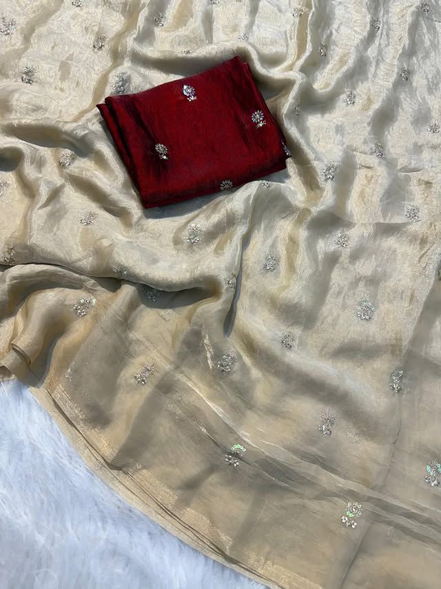 New Partywear Space Silk Fabric Sequence Emboridery Work Fancy Designer Saree With Blouse