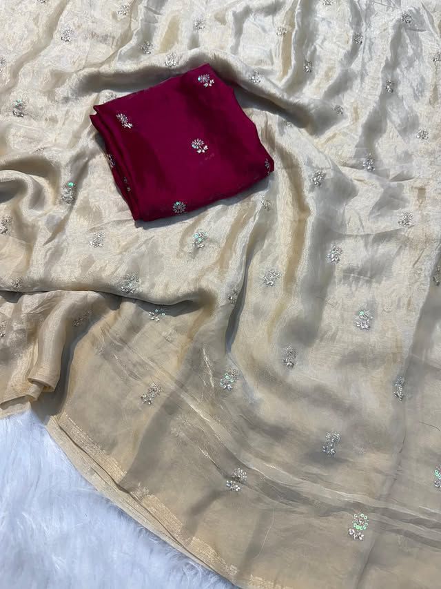 New Partywear Space Silk Fabric Sequence Emboridery Work Fancy Designer Saree With Blouse