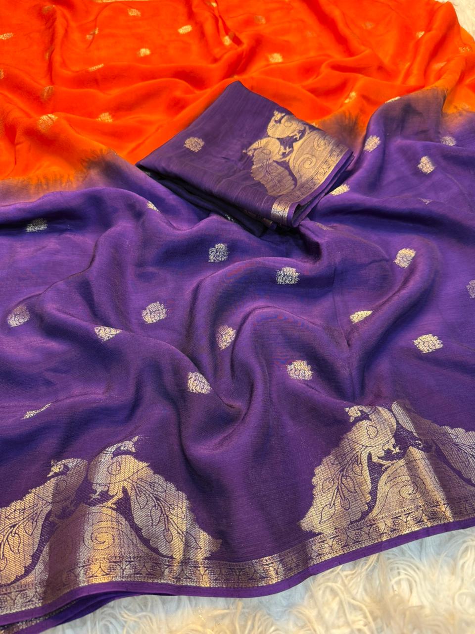 New Festive Wear Pure Soft Viscose Georgette Crepe Silk Jacquard Weaving Zari Work Fancy Designer Saree With Blouse