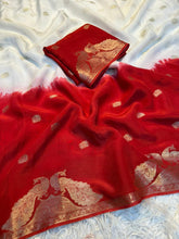 Load image into Gallery viewer, New Festive Wear Pure Soft Viscose Georgette Crepe Silk Jacquard Weaving Zari Work Fancy Designer Saree With Blouse
