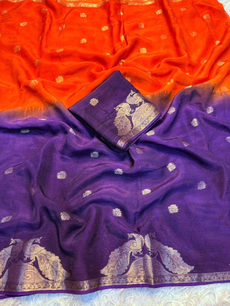 New Festive Wear Pure Soft Viscose Georgette Crepe Silk Jacquard Weaving Zari Work Fancy Designer Saree With Blouse