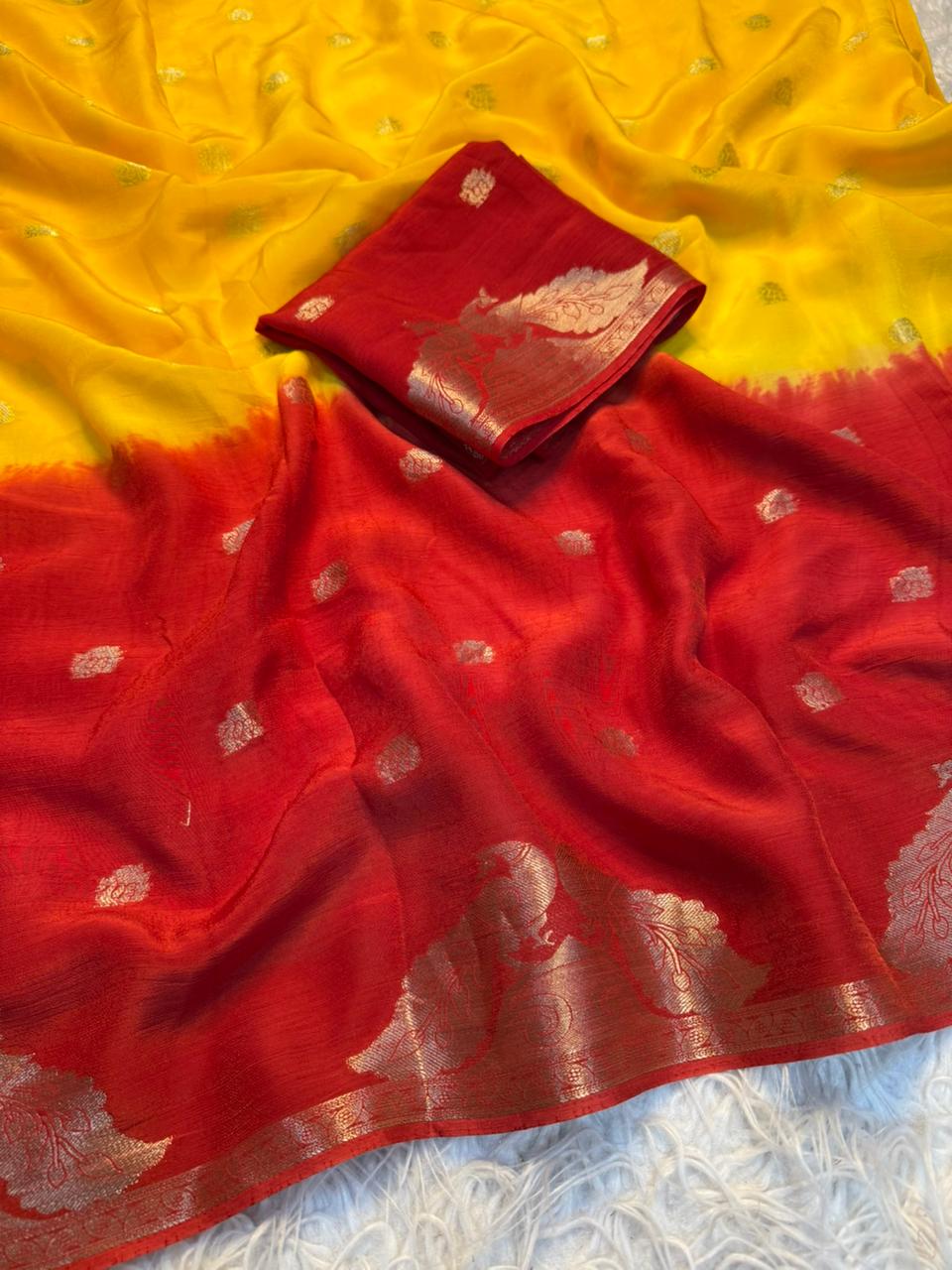 New Festive Wear Pure Soft Viscose Georgette Crepe Silk Jacquard Weaving Zari Work Fancy Designer Saree With Blouse