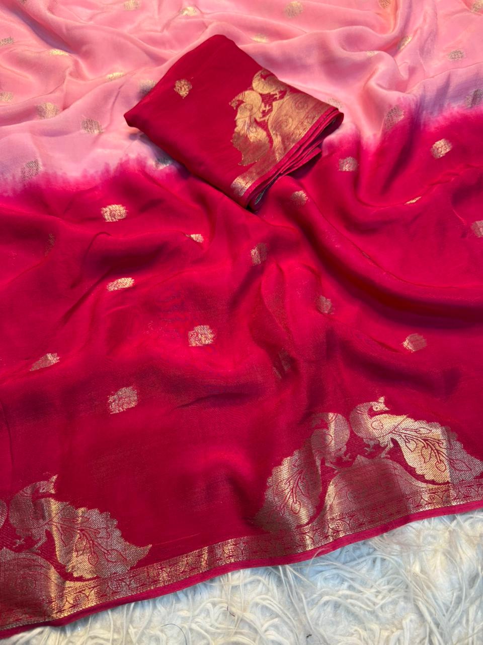 New Festive Wear Pure Soft Viscose Georgette Crepe Silk Jacquard Weaving Zari Work Fancy Designer Saree With Blouse