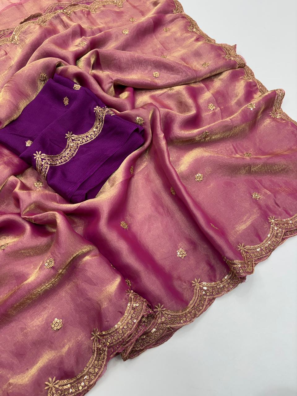 Forbearance Party Wear Space Silk Embroidery Thread Work Fancy Designer Saree With Contrast Blouse Piece