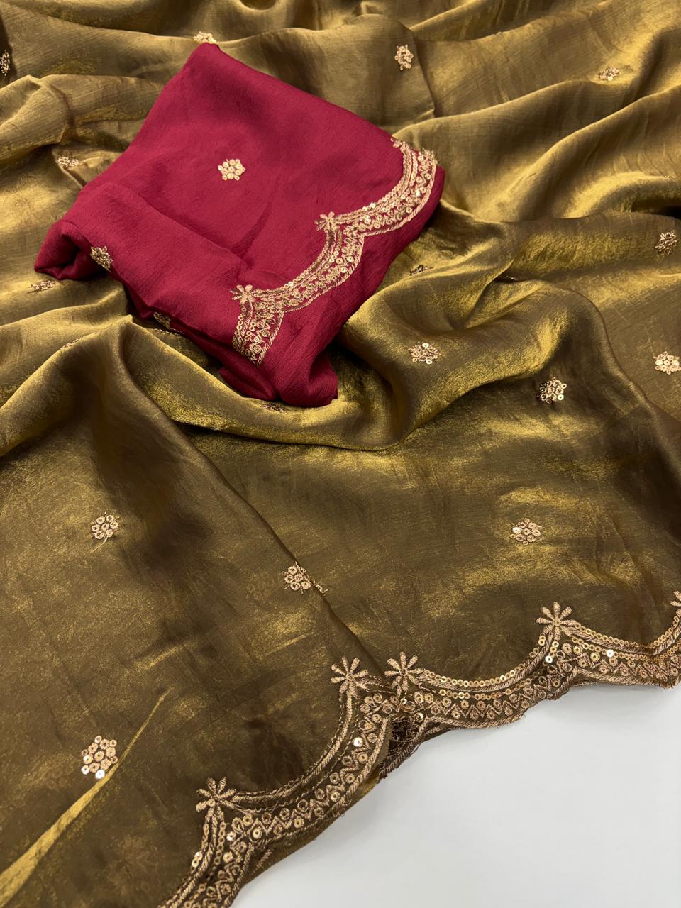 Forbearance Party Wear Space Silk Embroidery Thread Work Fancy Designer Saree With Contrast Blouse Piece