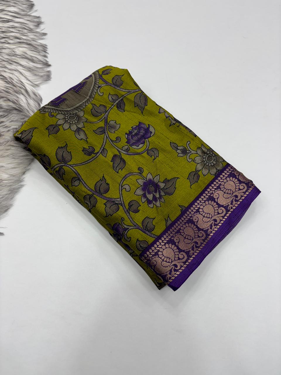 Contemporary Function Wear Soft Dola Silk Kalamkari Print With Mangalkari Zari Border Fancy Designer Saree