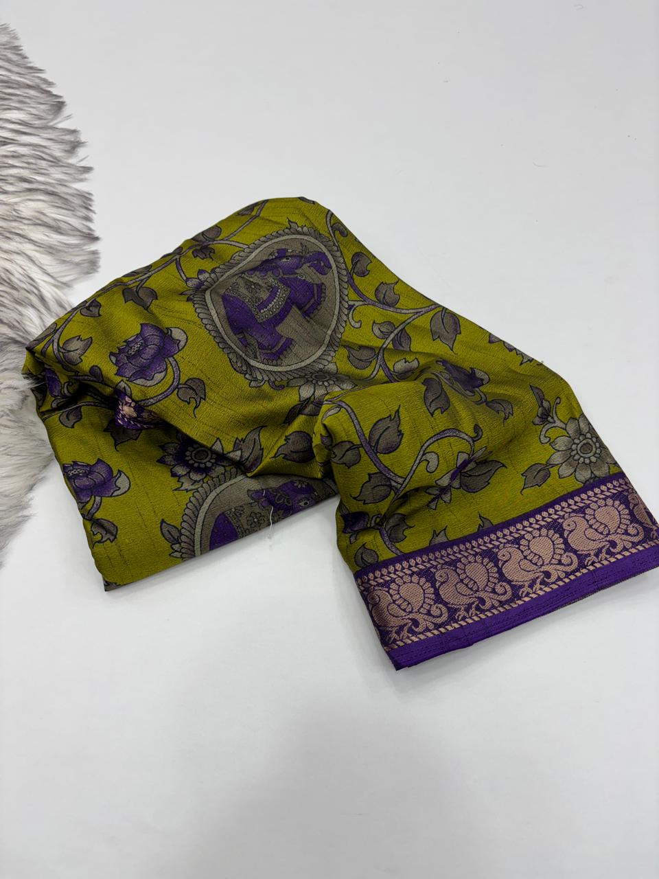 Contemporary Function Wear Soft Dola Silk Kalamkari Print With Mangalkari Zari Border Fancy Designer Saree