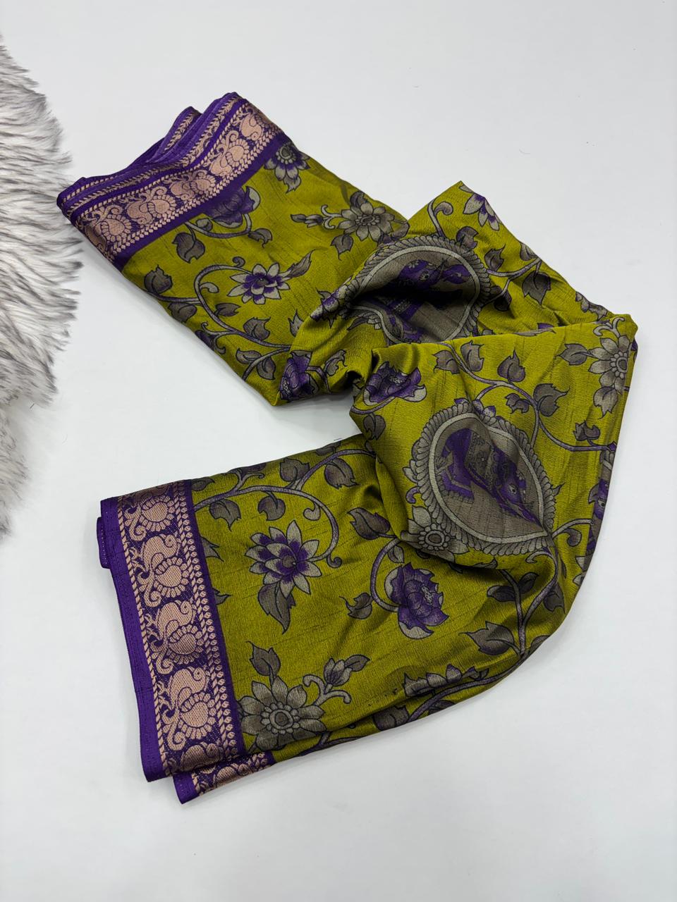 Contemporary Function Wear Soft Dola Silk Kalamkari Print With Mangalkari Zari Border Fancy Designer Saree