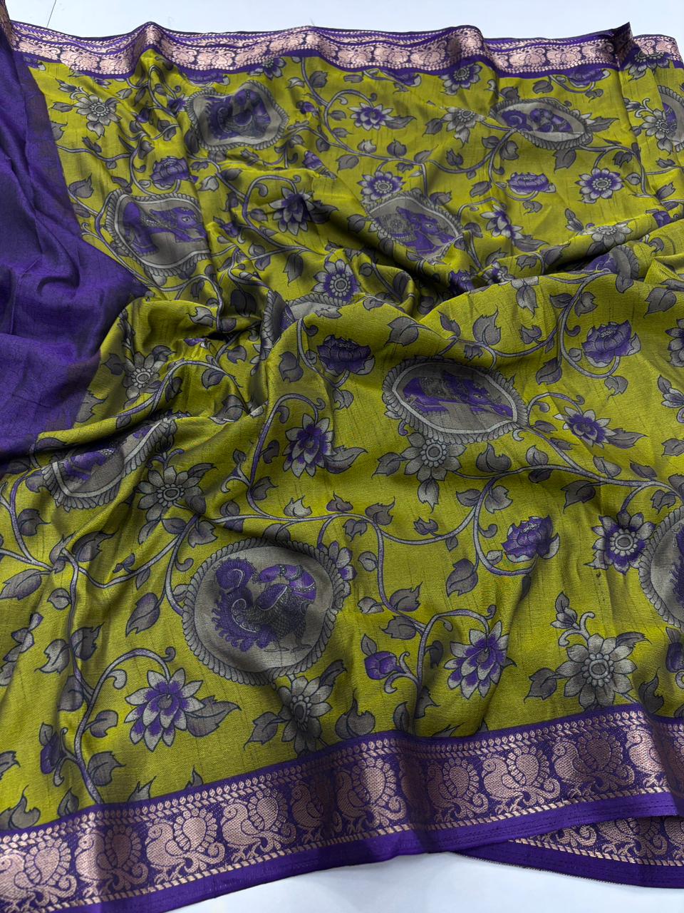 Contemporary Function Wear Soft Dola Silk Kalamkari Print With Mangalkari Zari Border Fancy Designer Saree