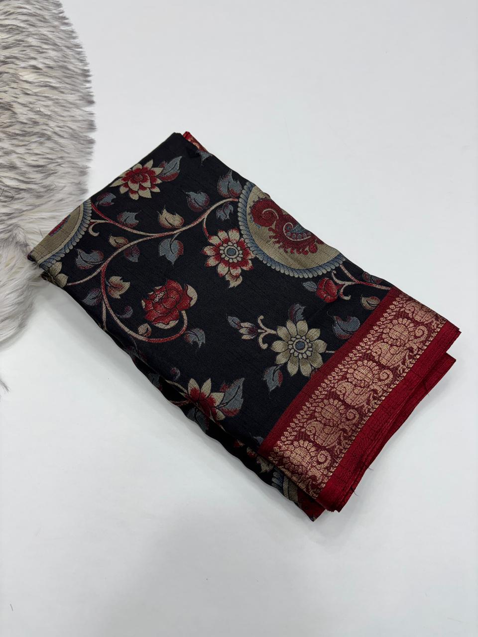 Contemporary Function Wear Soft Dola Silk Kalamkari Print With Mangalkari Zari Border Fancy Designer Saree