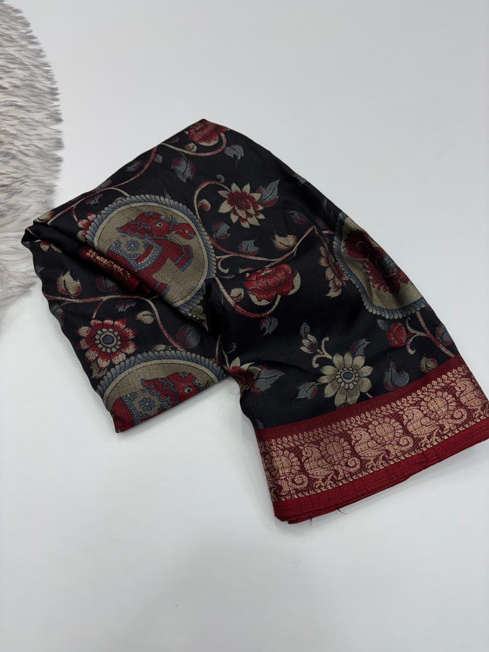 Contemporary Function Wear Soft Dola Silk Kalamkari Print With Mangalkari Zari Border Fancy Designer Saree