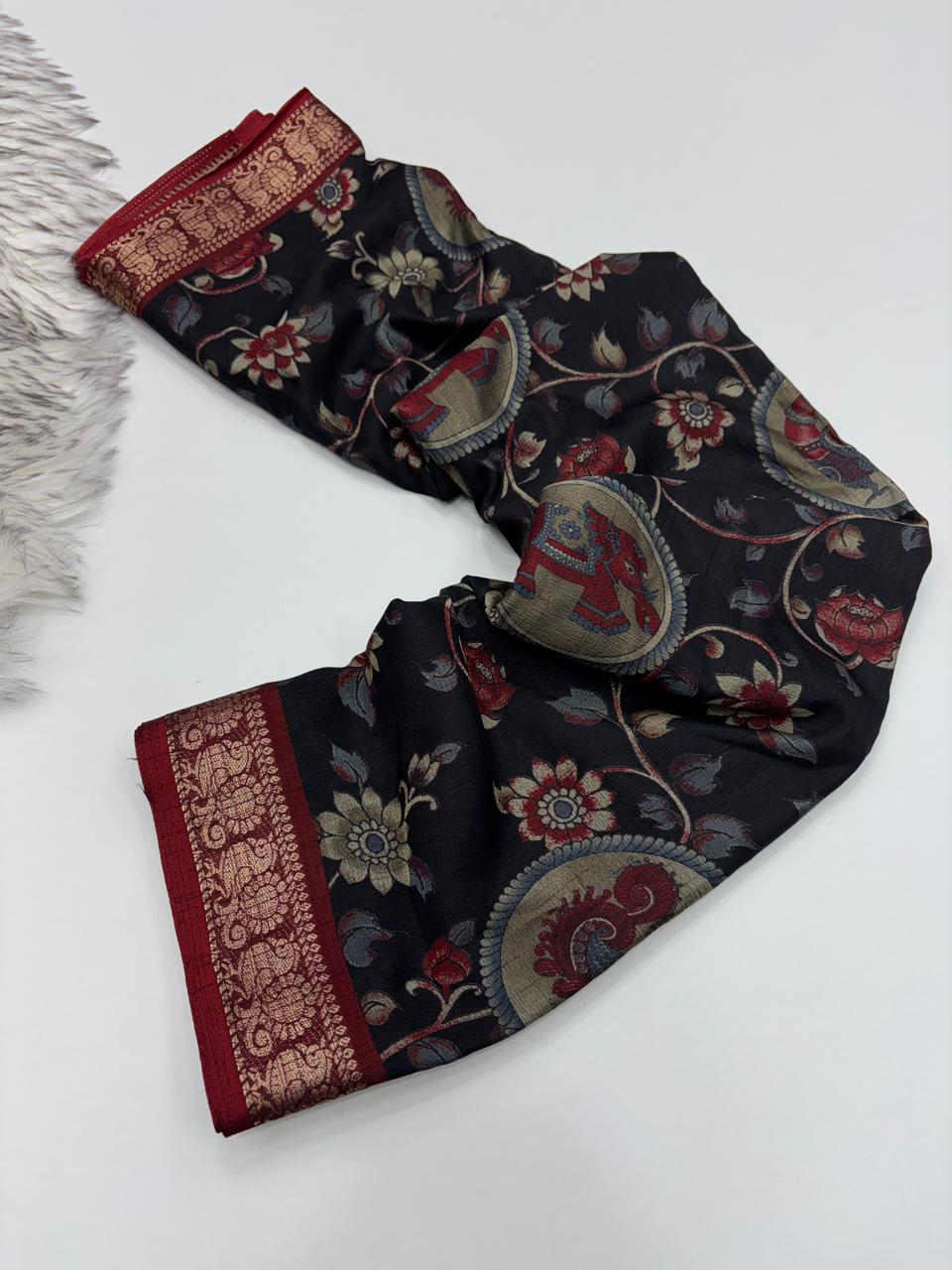 Contemporary Function Wear Soft Dola Silk Kalamkari Print With Mangalkari Zari Border Fancy Designer Saree