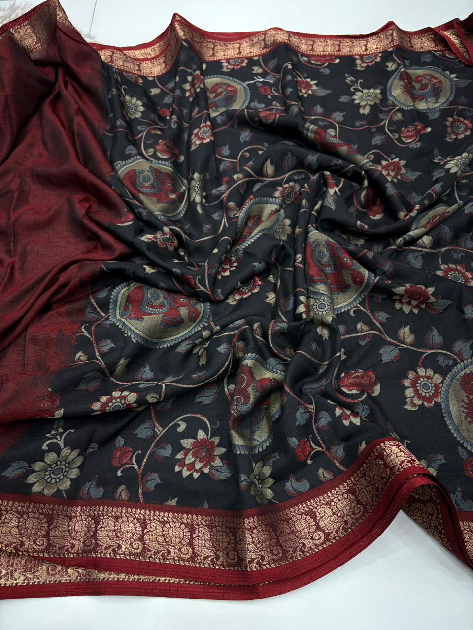 Contemporary Function Wear Soft Dola Silk Kalamkari Print With Mangalkari Zari Border Fancy Designer Saree