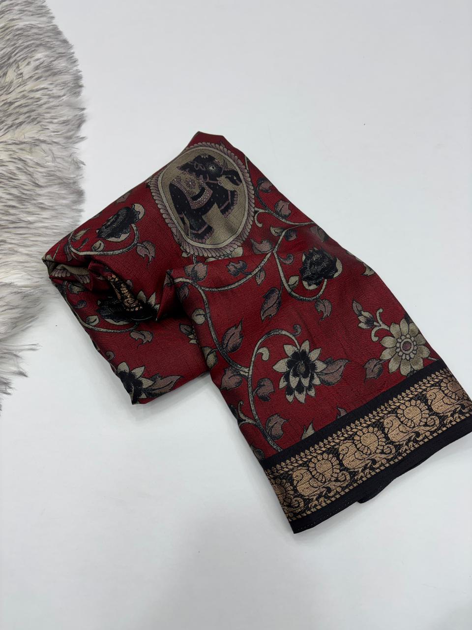 Contemporary Function Wear Soft Dola Silk Kalamkari Print With Mangalkari Zari Border Fancy Designer Saree