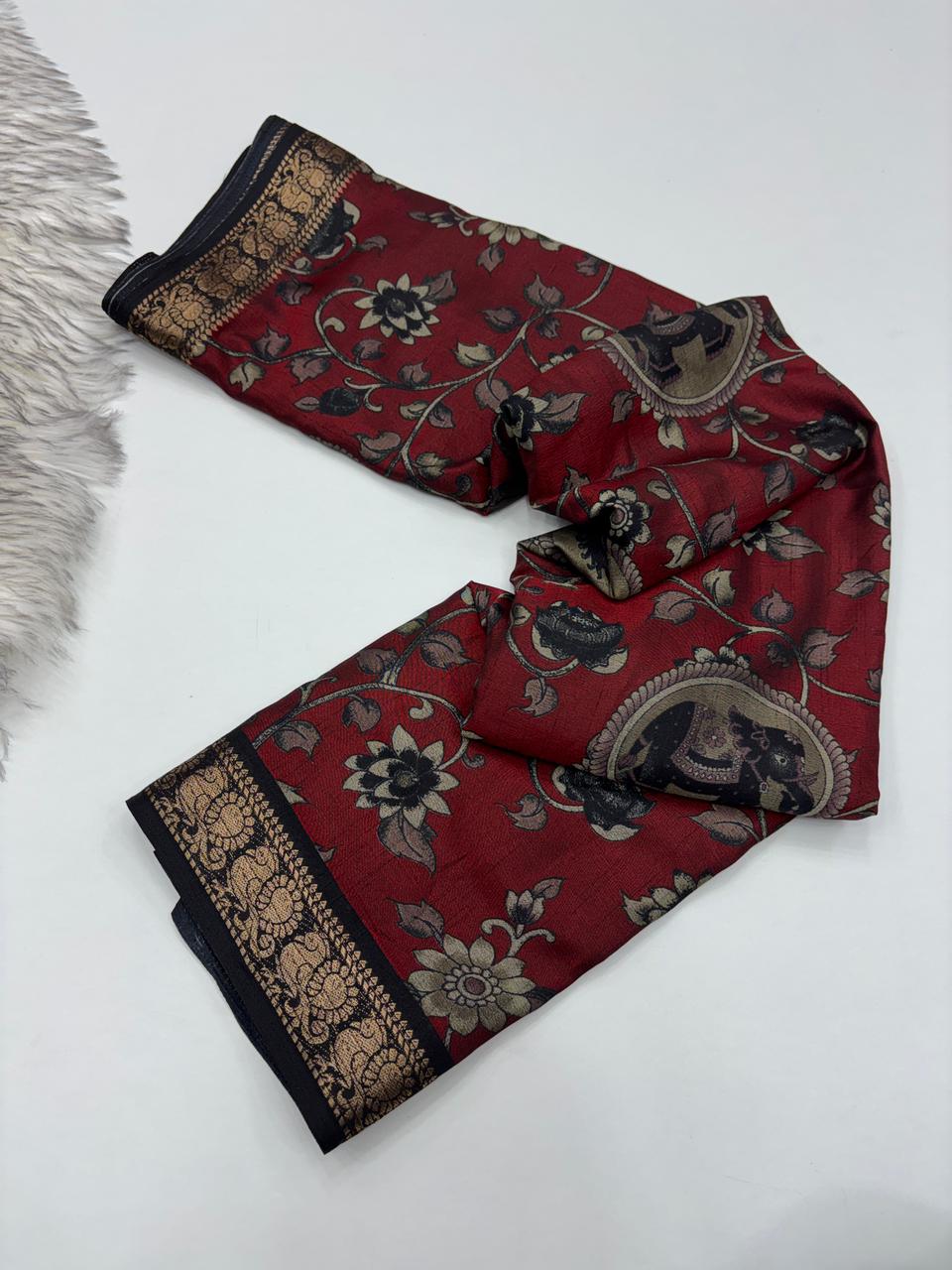 Contemporary Function Wear Soft Dola Silk Kalamkari Print With Mangalkari Zari Border Fancy Designer Saree