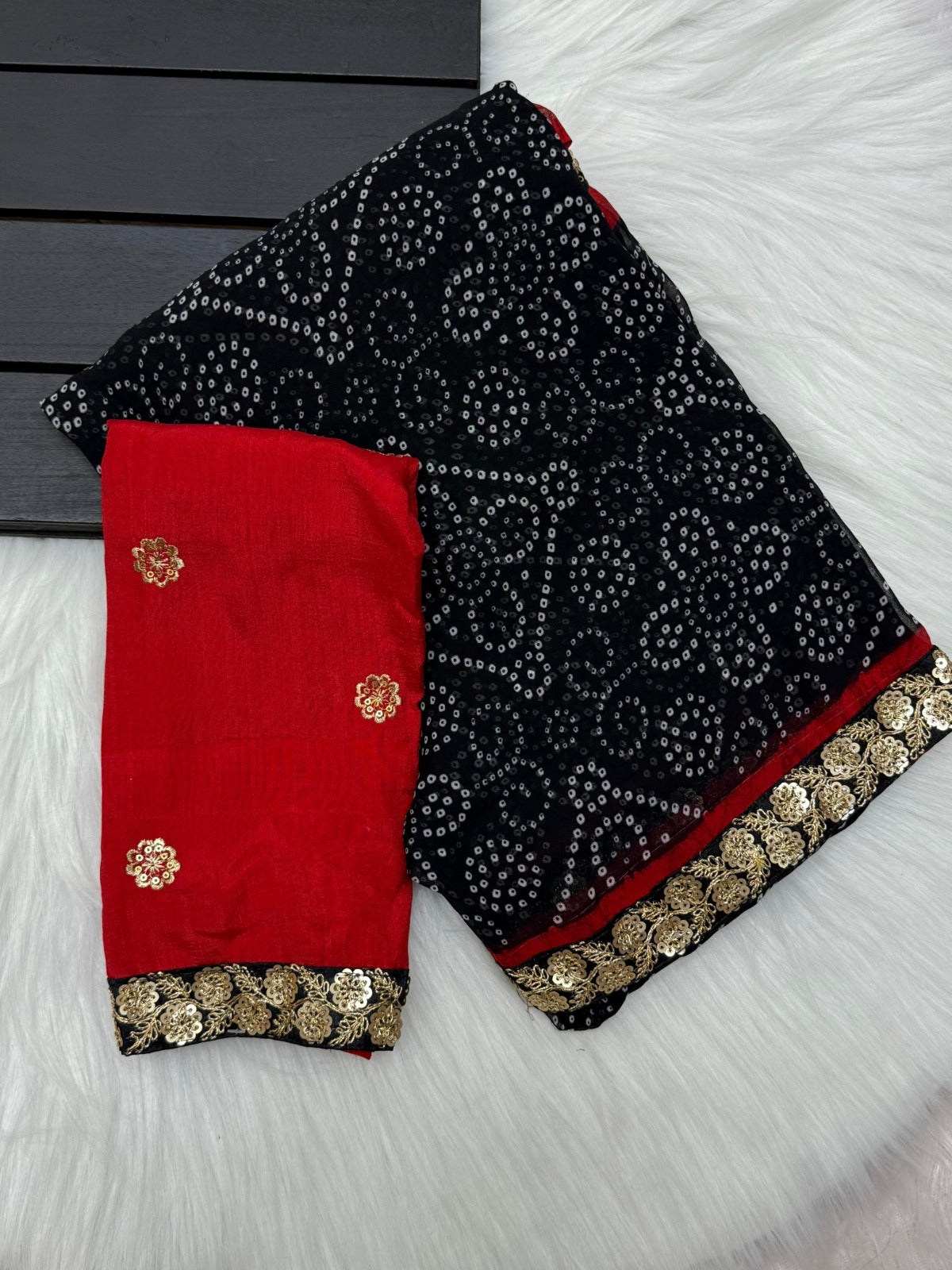 Latest Wedding Wear Bandhej Print n Sequence Border Work Georgette Fancy Designer Saree with Embroidered Blouse