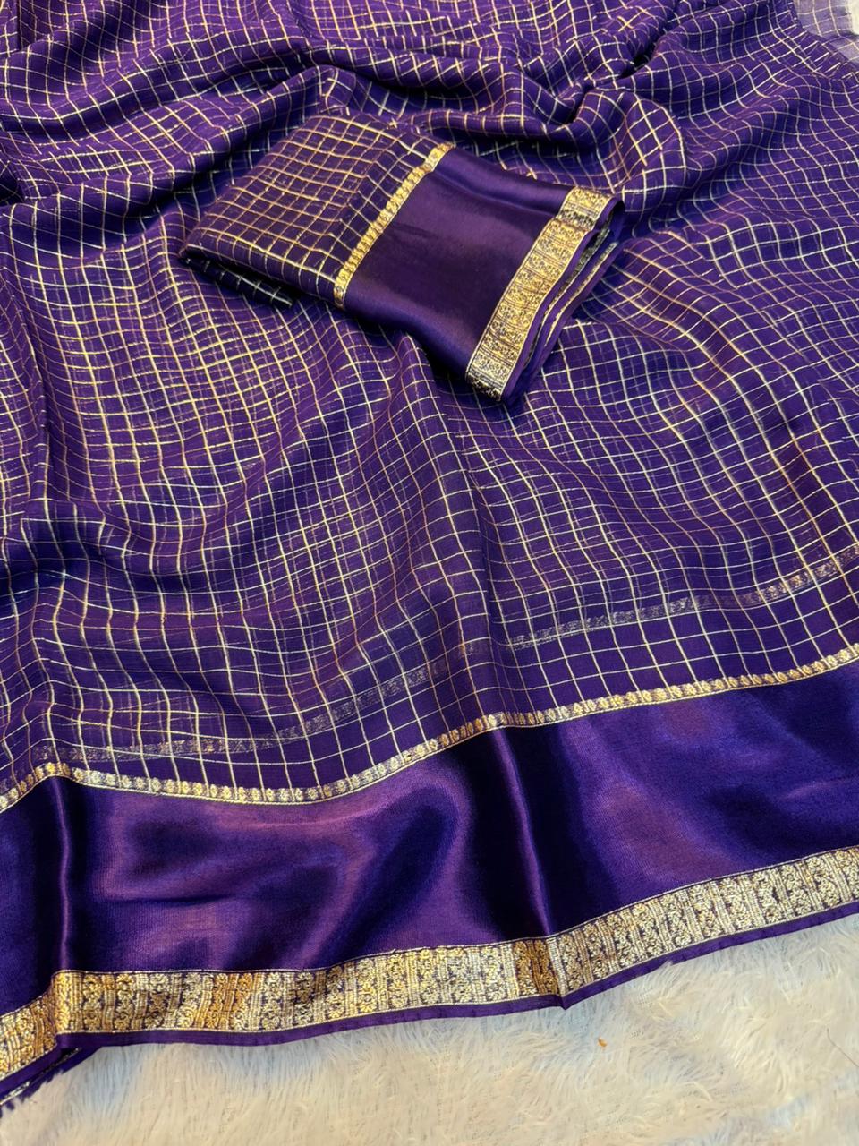 Redolent Party Wear Pure Viscose Georgette With Satin Border Small Chex Fancy Designer Saree For Women