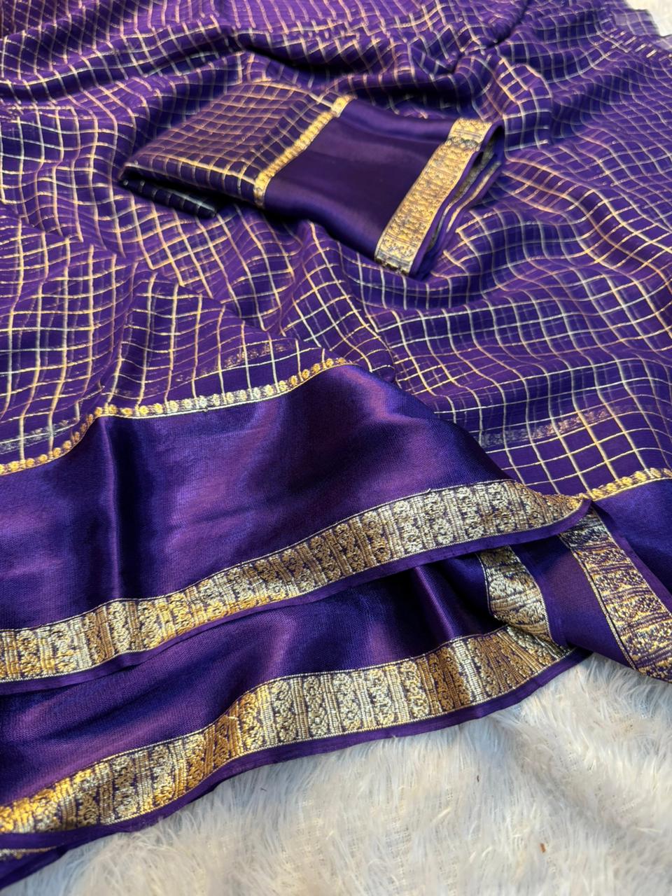 Redolent Party Wear Pure Viscose Georgette With Satin Border Small Chex Fancy Designer Saree For Women