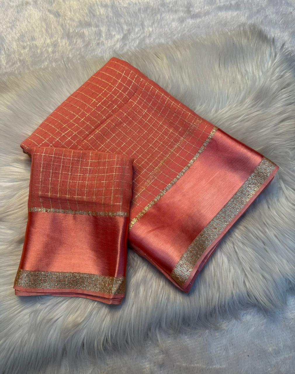 Redolent Party Wear Pure Viscose Georgette With Satin Border Small Chex Fancy Designer Saree For Women