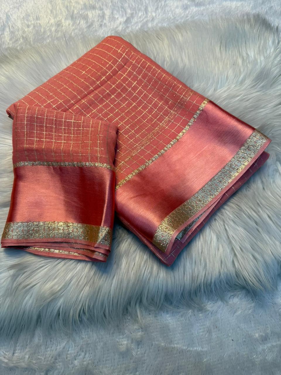 Redolent Party Wear Pure Viscose Georgette With Satin Border Small Chex Fancy Designer Saree For Women