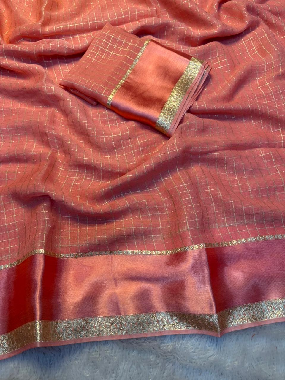 Redolent Party Wear Pure Viscose Georgette With Satin Border Small Chex Fancy Designer Saree For Women
