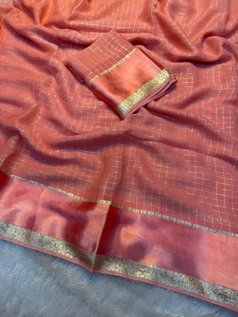 Redolent Party Wear Pure Viscose Georgette With Satin Border Small Chex Fancy Designer Saree For Women