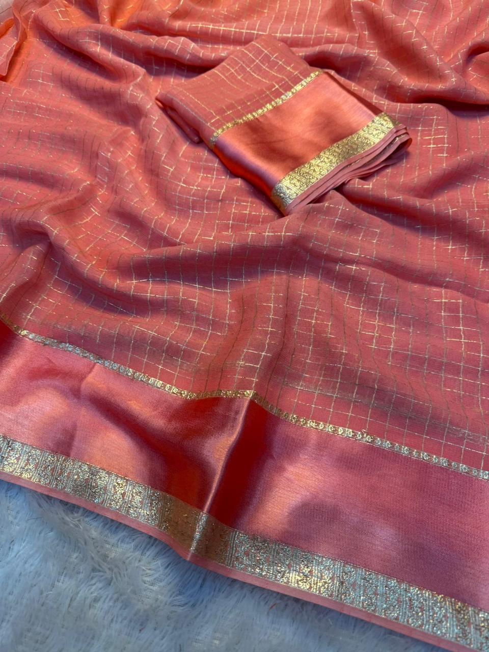 Redolent Party Wear Pure Viscose Georgette With Satin Border Small Chex Fancy Designer Saree For Women