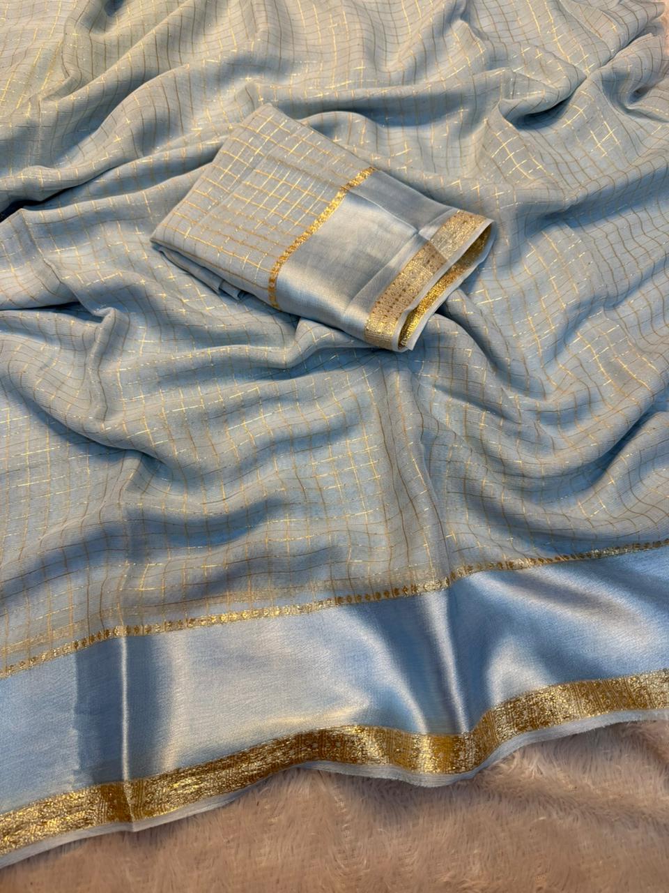 Redolent Party Wear Pure Viscose Georgette With Satin Border Small Chex Fancy Designer Saree For Women