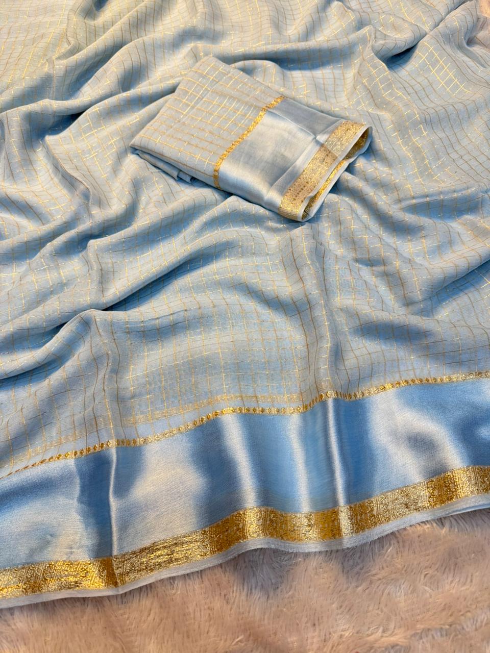 Redolent Party Wear Pure Viscose Georgette With Satin Border Small Chex Fancy Designer Saree For Women