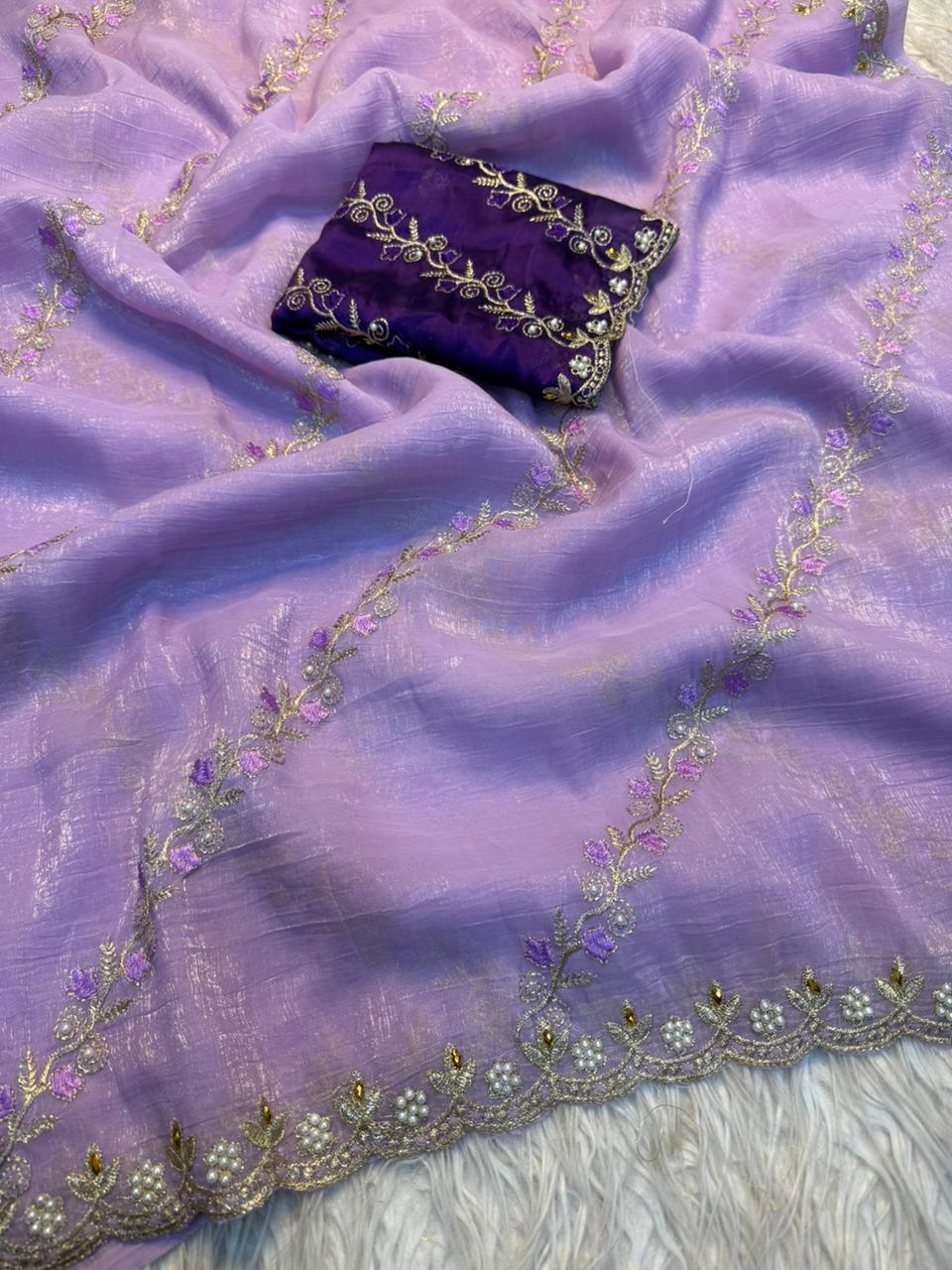 Marvellous Wedding Wear Pure Crunchy Silk Embroidery Work Fancy Desginer Saree With Blouse