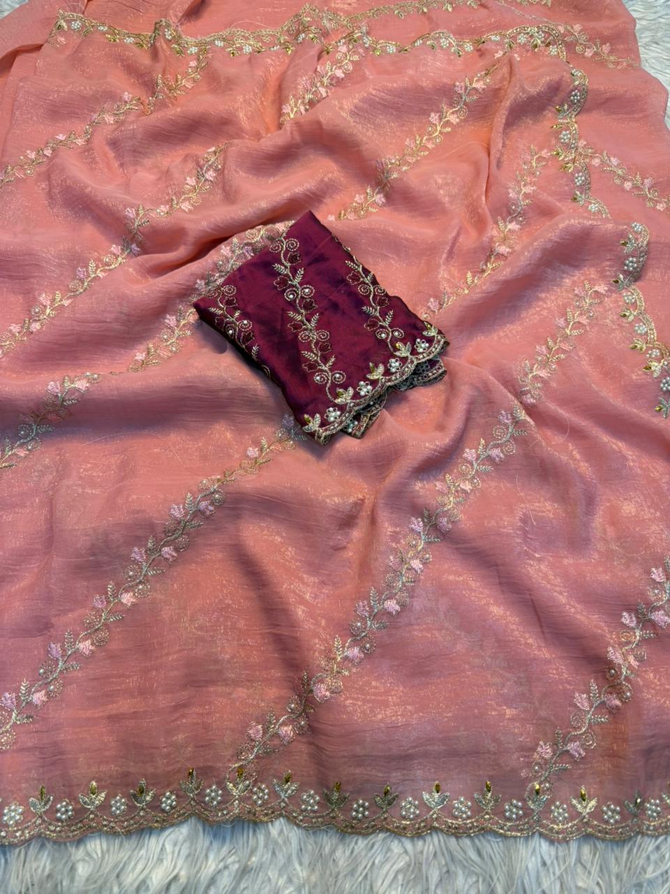 Marvellous Wedding Wear Pure Crunchy Silk Embroidery Work Fancy Desginer Saree With Blouse