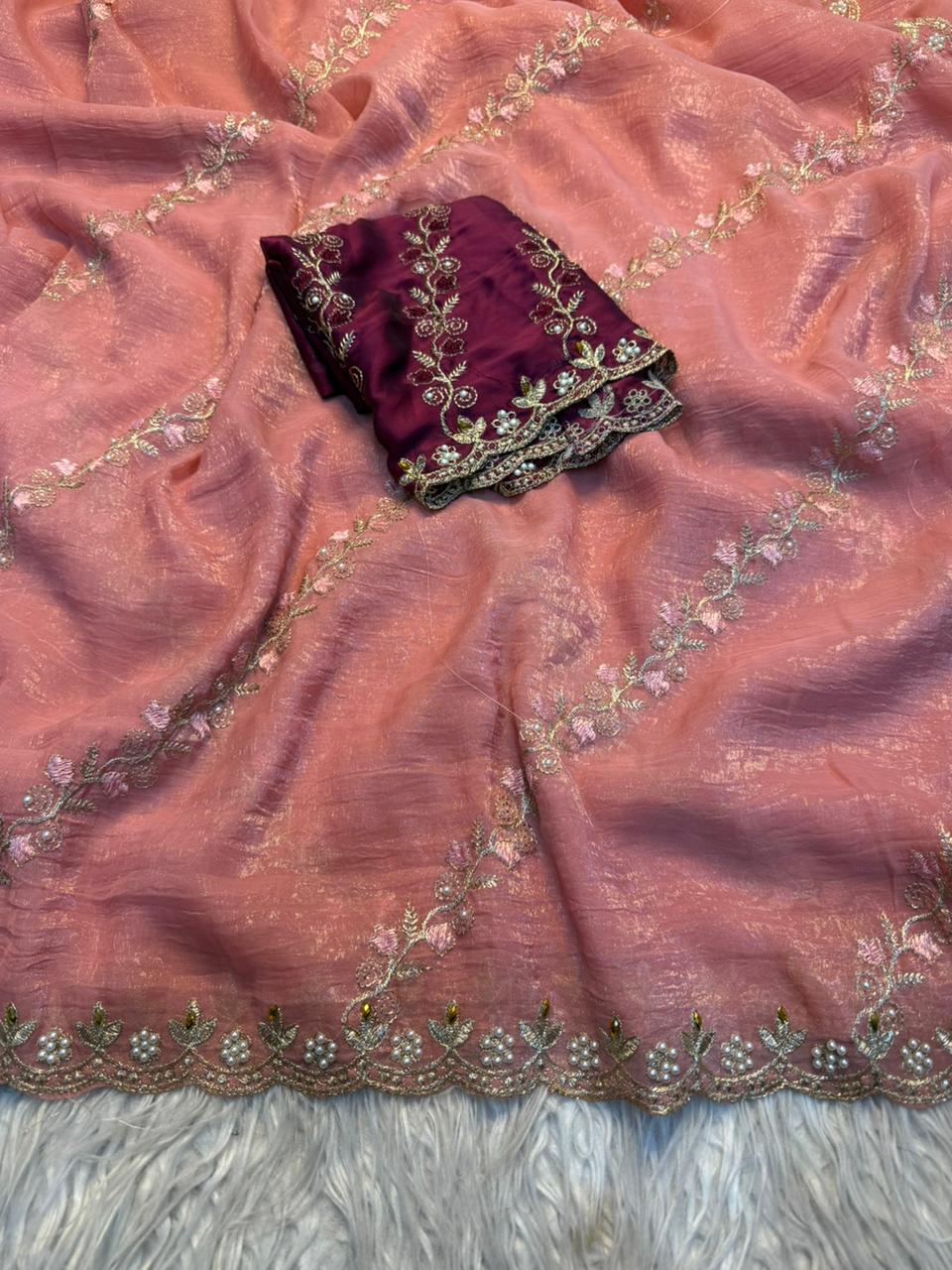 Marvellous Wedding Wear Pure Crunchy Silk Embroidery Work Fancy Desginer Saree With Blouse