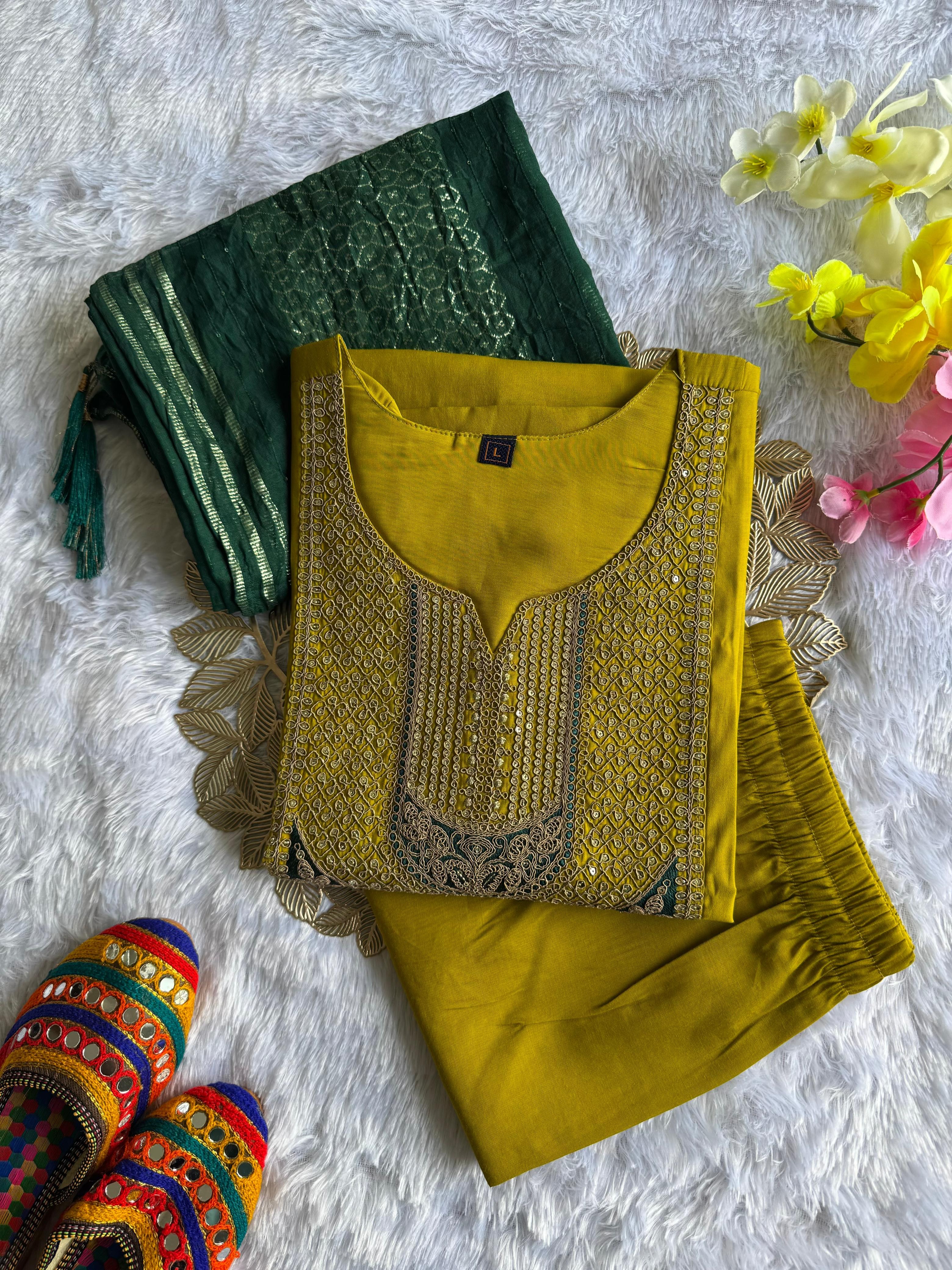 Forbearance Wedding Wear  Roman Silk Embroidery n Sequence Work Designer Straight Kurta With Trouser n Dupatta Set