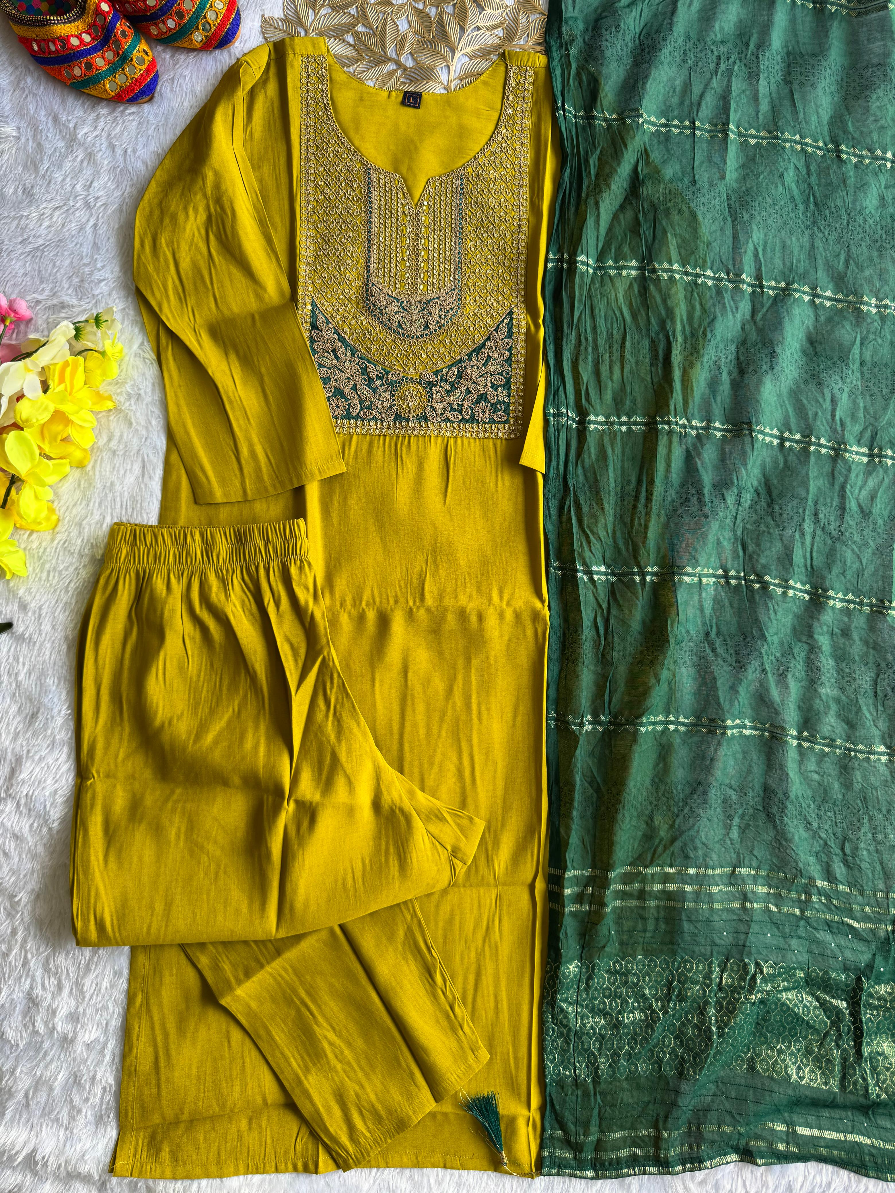 Forbearance Wedding Wear  Roman Silk Embroidery n Sequence Work Designer Straight Kurta With Trouser n Dupatta Set